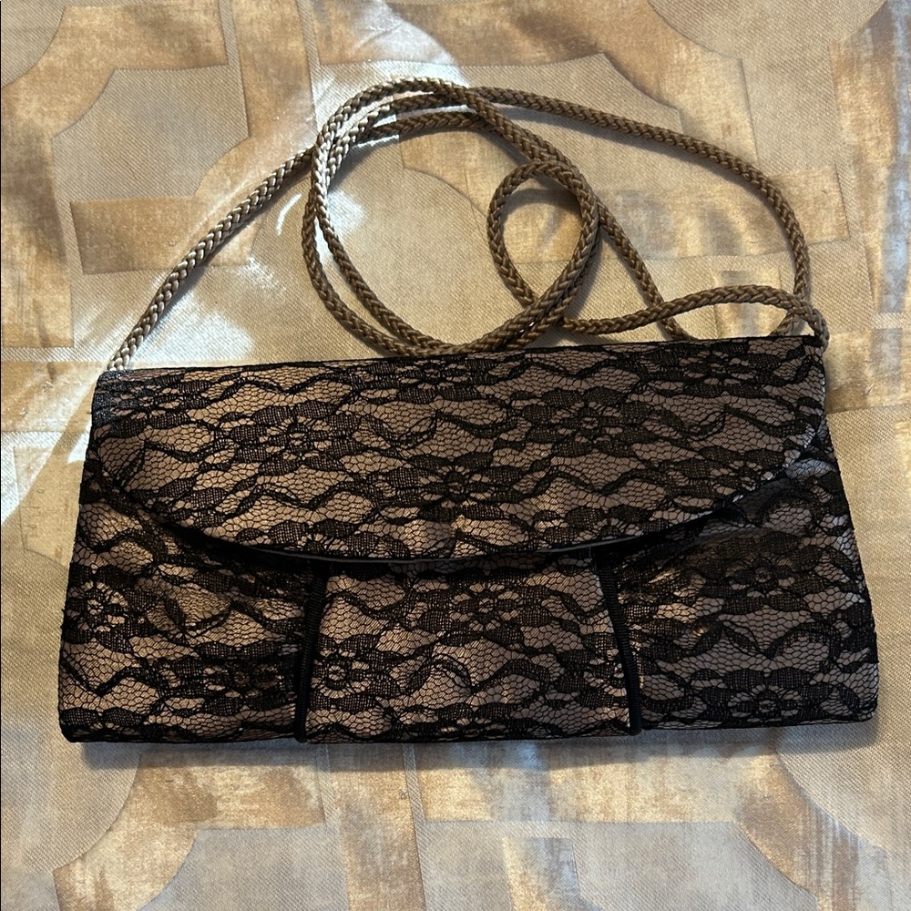 Black Lace Flap Wristlet Clutch with Braided Strap - Picture 1 of 7